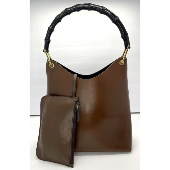 GUCCI authentic Leather Handbag W Wallet brown Bamboo handle Gold accents Italy - Picture 1 of 16